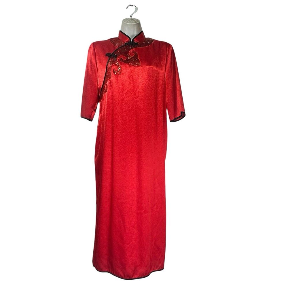 Vintage Kauq Yanq Red Satin Cheongsam Chinese Asian Qipao Long Maxi Dress